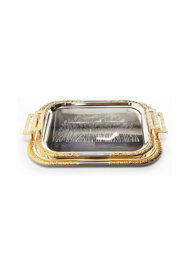 Si Bonne Luxury Rectangular Gold Decorative Serving Tray with Engraved Design and Side Handles - Image 1
